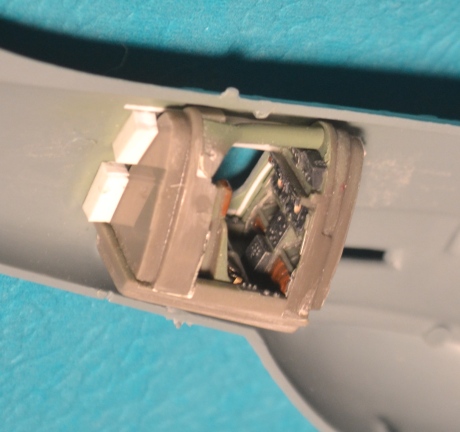The completed radar observers' compartment, held in place by styrene strip guides
